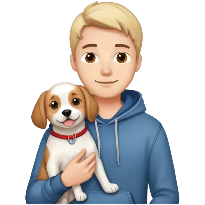 pretty handsome dog lover boyfriend with soft smile, wearing hoodie and jeans, one dog   emoji