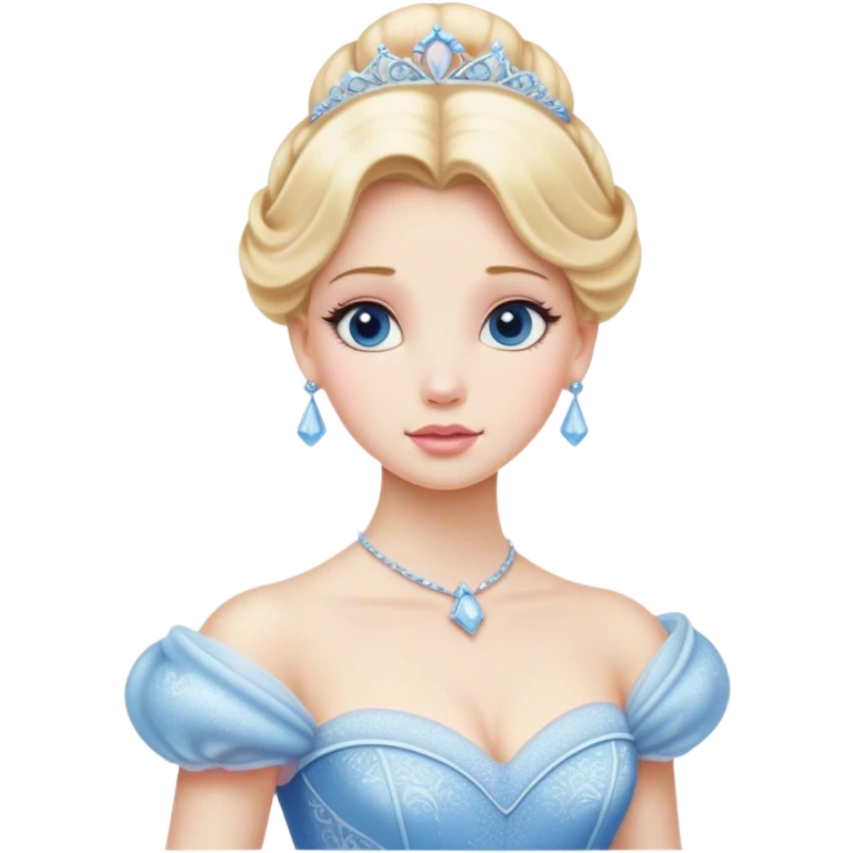 Cinematic Realistic Cinderella Portrait, depicted with lifelike porcelain skin, elegantly styled blonde hair, and a serene, graceful expression. Dressed in her classic ball gown with intricately detailed fabric textures and delicate pastel hues that catch soft, natural lighting, this portrait captures the timeless beauty of a fairy tale princess. emoji