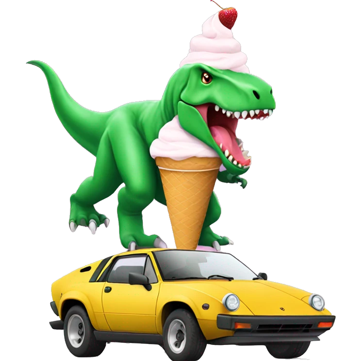 A trex eating a ice cream cone while driving a Lamborghini  emoji