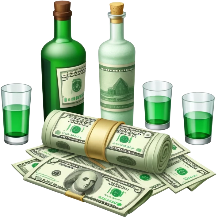 Cocaine residue and rolled up dollar bills and empty liquor bottles emoji