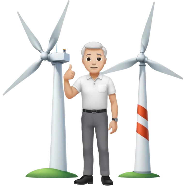 an older white man with grey hair and a white shirt and black pants doing a thumbs up pose, standing next to a silver wind turbine emoji