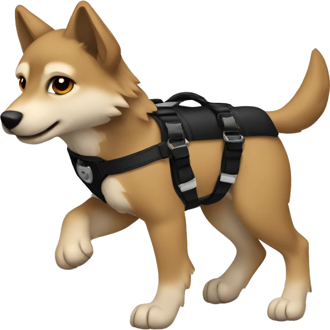 4 short legs a light brown puppy-like wolf with black hair on its ears with black harness is walking emoji