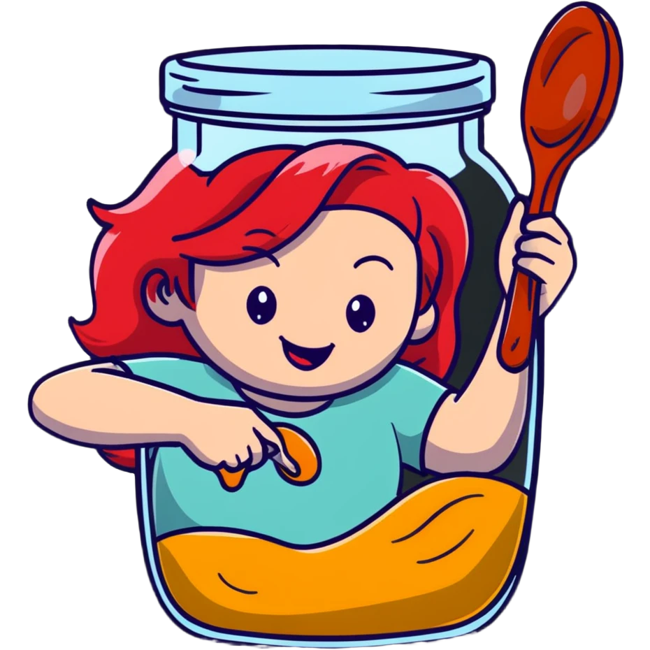 redhead woman with big smile taking some jam with a spoon from glass jar emoji