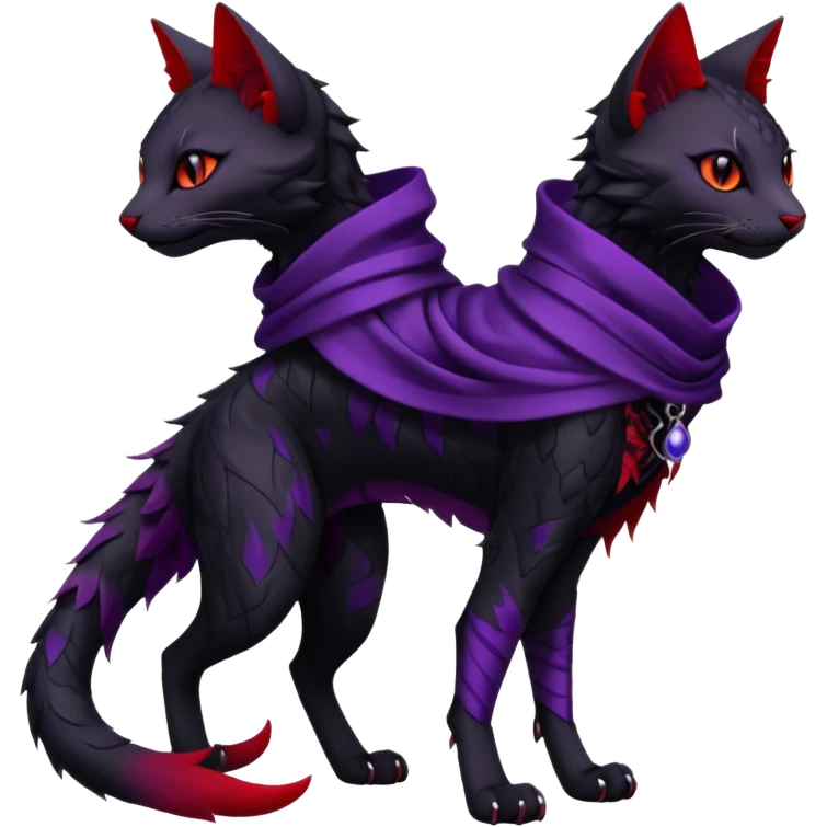 Kawaii feral, four-legged gothic dark badass black, red, purple, beautiful pretty elegant divine edgy feline-vernid-sergal-Trico-fursona-animal-creature, full body, with intricate detailed markings, silken shawl emoji