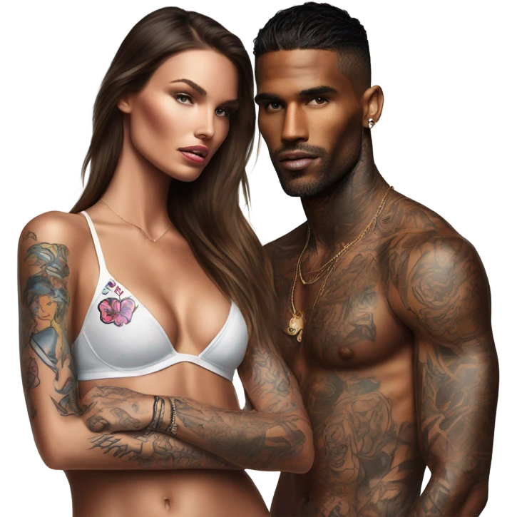 Photo of Victoria secret model having a serious conversation with a tattooed male model  emoji