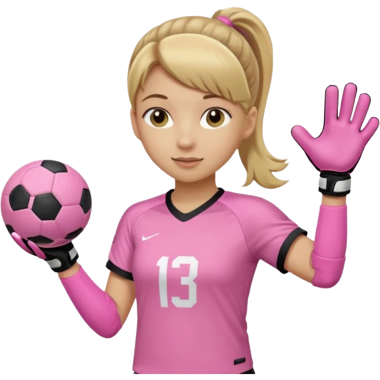 Make a dirty blonde football goalkeeper with goalkeeper gloves on holding a regular football. NOT AN AMERICAN FOOTBALK BALL. The girl is light skinned and wearing a light pink football. Wearing a ponytail with the dirty blonde. Make it without the whole body emoji