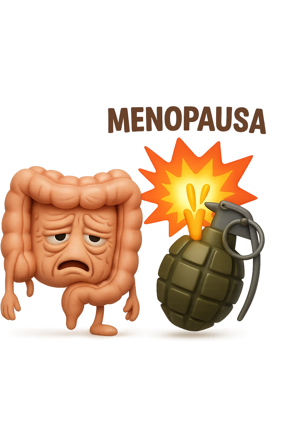 EMOJI STILE IPHONE DI INTESTINO ANZIANO CON RUGHE SFINITO, ACCANTO A LUI SCOPPIA UNA GRANATA 3D CON LA SCRITTA "MENOPAUSA" SOPRA emoji