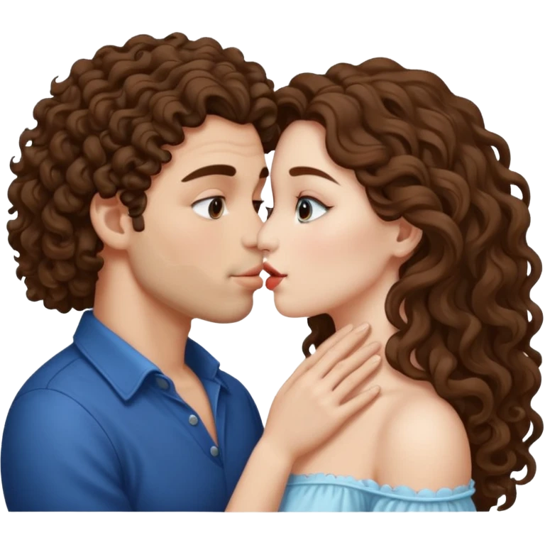 Couple kissing, the man would be white-skinned, curly-haired, brown. The serious woman with white skin, long hair and brown color  emoji