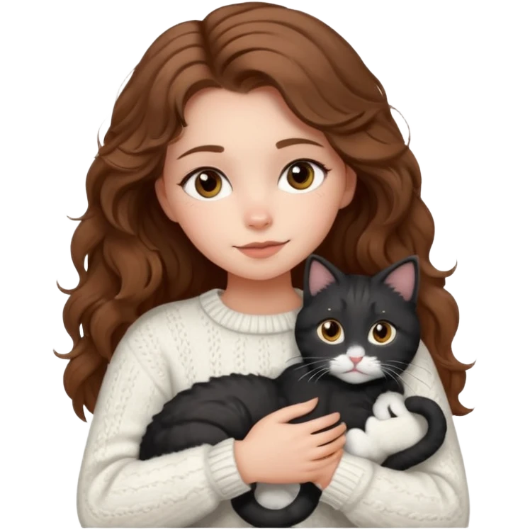 A pretty white girl with hazel brown eyes and brown wavy hair in a cosy white knit sweater, hugging a black and white cat emoji