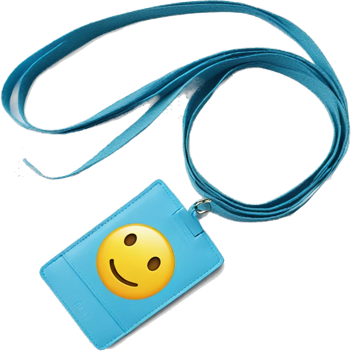a light blue lanyard with card holder and a smiley face emoji