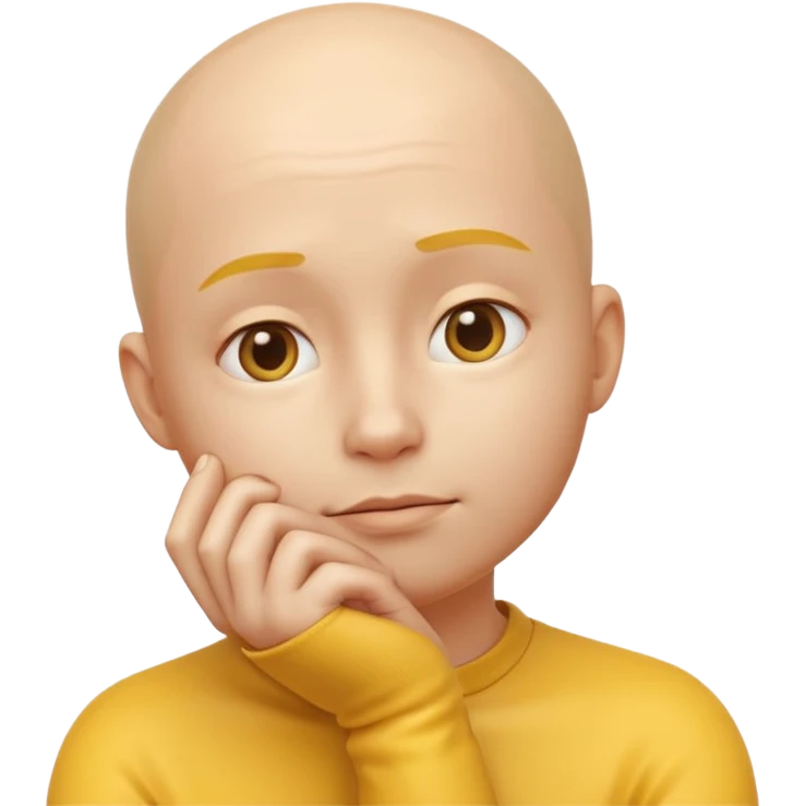 a 3D rendered yellow round face emoji with a thoughtful expression, one hand touching the chin in a pondering pose, no hair, smooth glossy surface, realistic shading and soft studio lighting, subtle reflections for depth, clean white background, high-quality digital render emoji