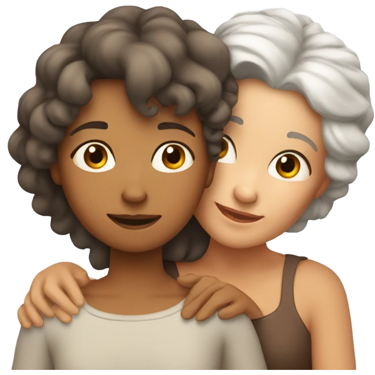 Short Mum with white hair and tanned daughter with brown curly hair hugging emoji