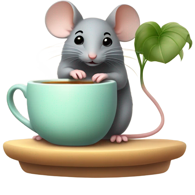 Cute mouse with a houseplant and cup of tea emoji