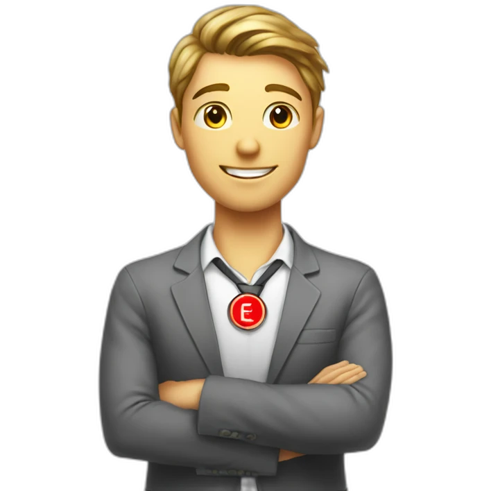 An employee of the real estate agency "Floors" with a red badge around his neck with the inscription etagi emoji