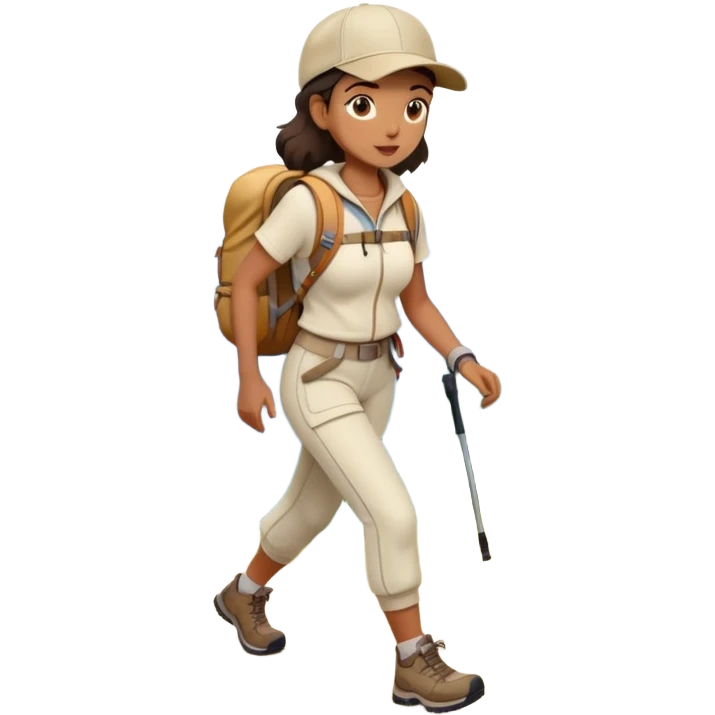 Full body woman hiking on mountain trail cream clothes baseball cap emoji