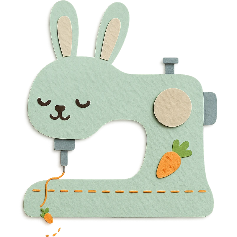 cute rabbit-shaped sewing machine, fluffy, stitching a tiny carrot pattern, soft mint pastel, full-body emoji