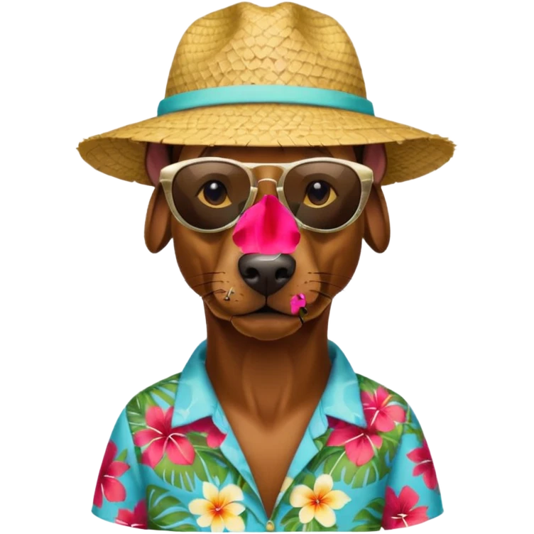 doberman with sunglasses and straw hat, hawaii shirt emoji