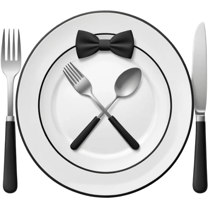 Minimalistic flat vector icon, iOS style, thin black contour on white background. Fork and knife crossed on a plate with a small bow tie above. Clean, no text, no shadows emoji