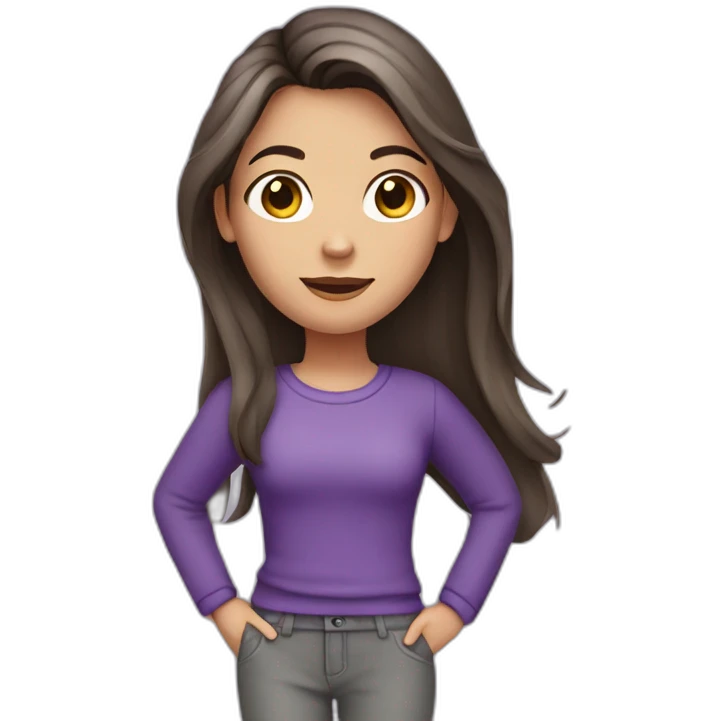 a brunette girl with long hair in a purple jumper and gray pants emoji
