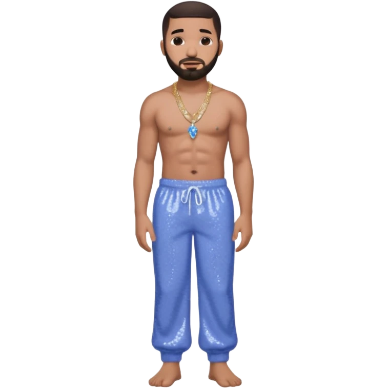 Drake with dark brown hair, periwinkle sequin baggy pants, shirtless with necklace emoji