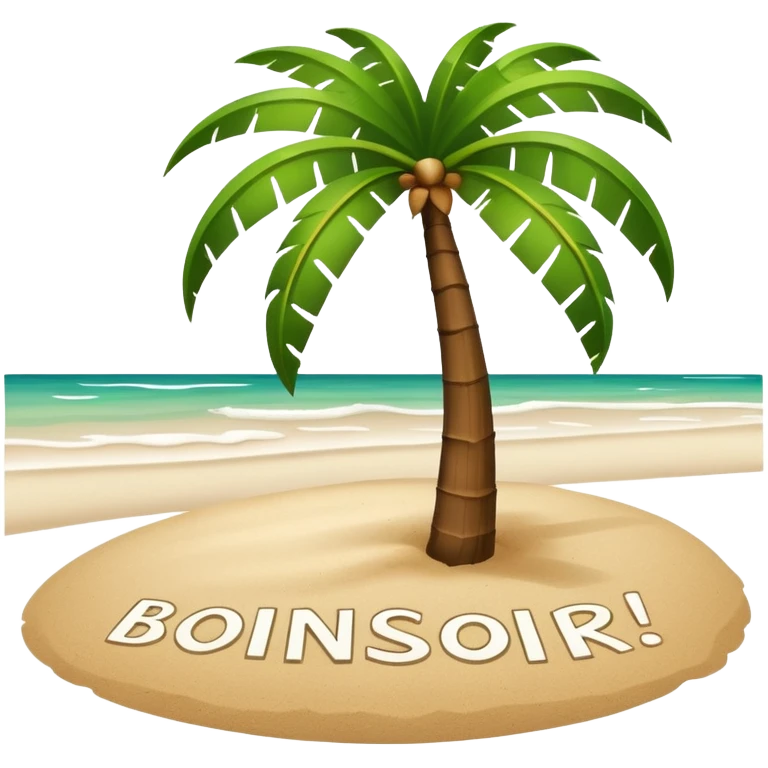 Un cocotier au bord d'une plage avec en arc de cercle écrit bonsoir emoji