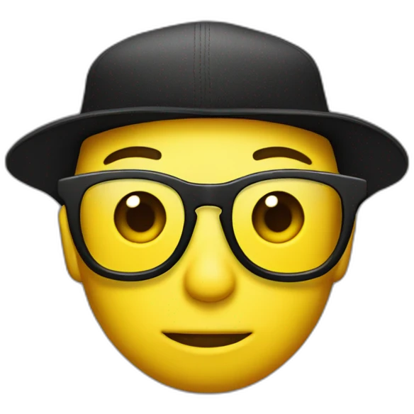 Yellow serious emoji with transparent glasses in a black cap with the yellow letters "JL" on the cap emoji