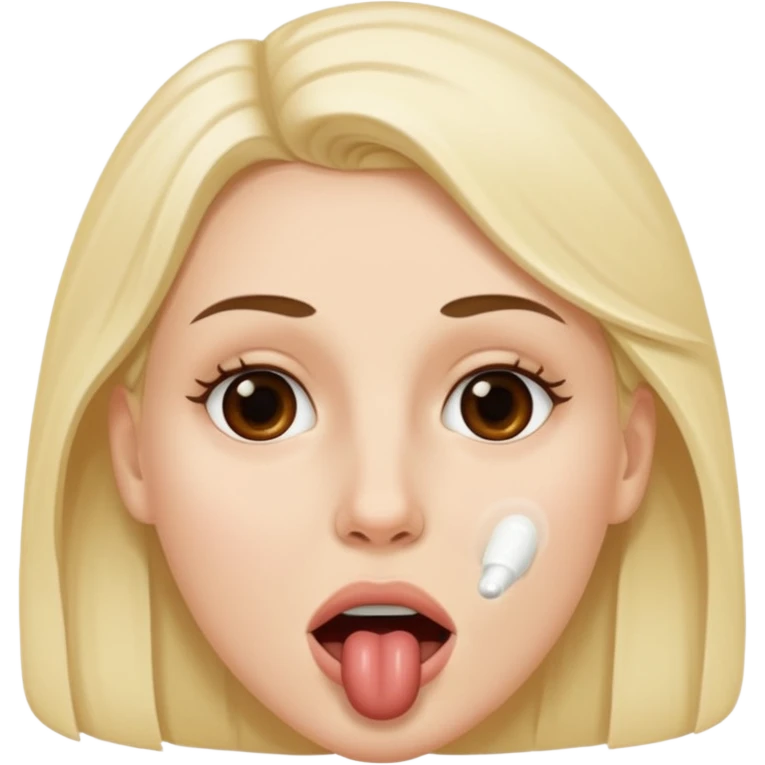 A white woman holding a dark penis in her mouth while white semen is on her face emoji