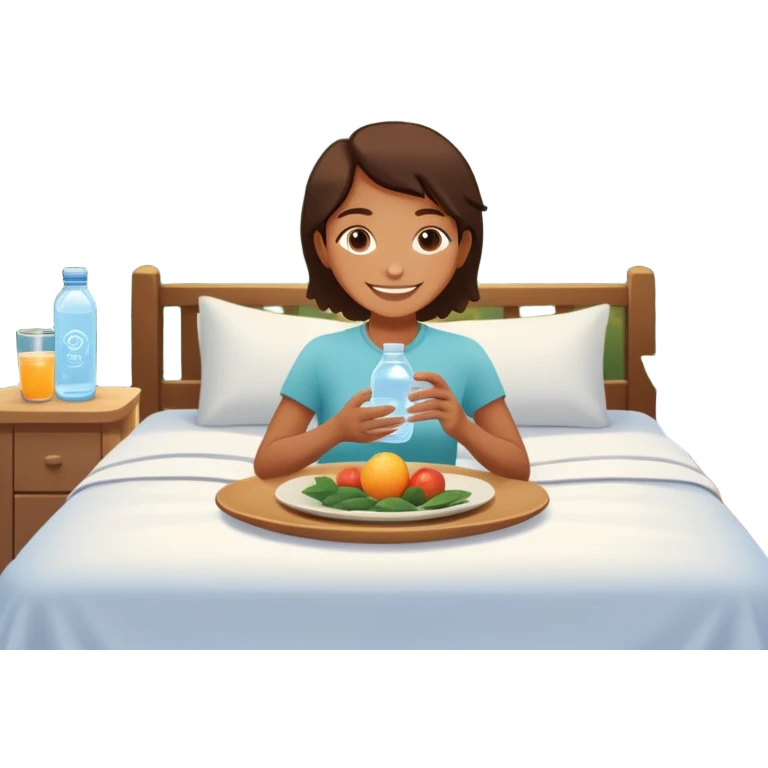 A person in the sun, with a plate of whole foods, water bottle, and glowing bed behind them. Nearby, smiling friends gather—symbolizing balance, healing, and connection through simple daily rituals. emoji