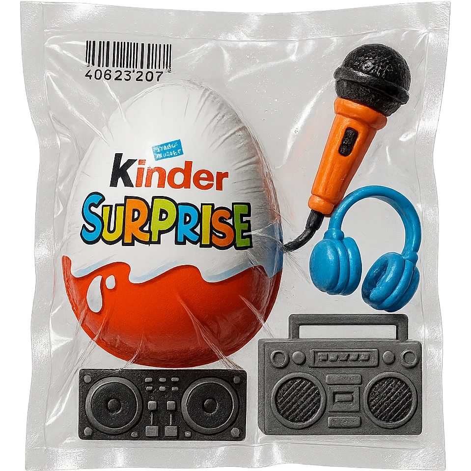 Kinder Surprise egg with wrapper, next to toys including microphone, boombox, headphones, DJ controller, glossy vacuum-sealed style emoji