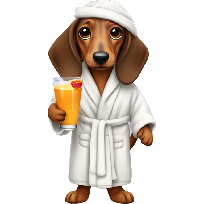 Dachshund with a bathrobe and a drink emoji