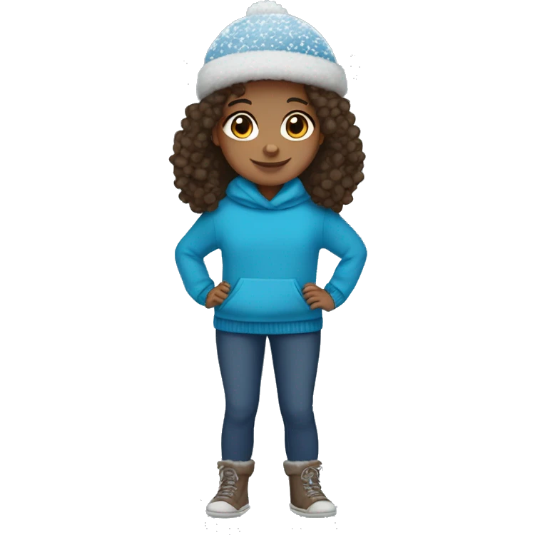 winter, christmas, hispanic, afro hair,  girl, brown eyes, child, full body, blue winter sweater, headband emoji