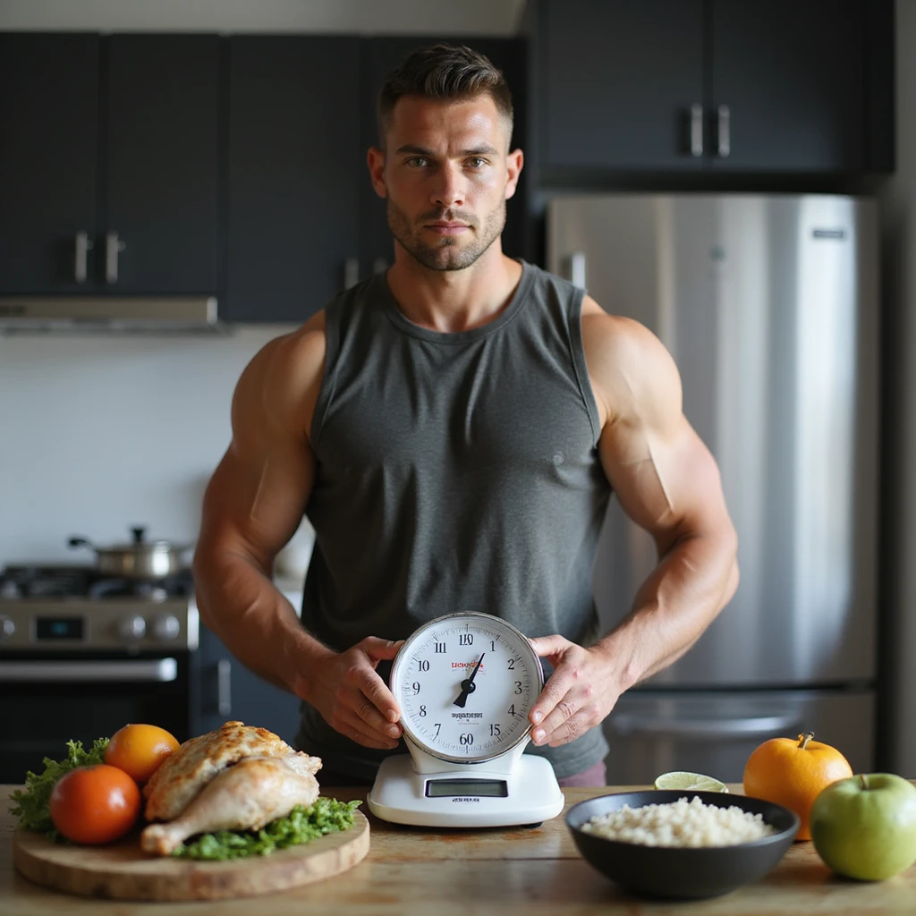 athletic man weighing food on kitchen scale, focused expression, table with healthy foods including chicken, vegetables, rice, fruit, hyperrealistic 4K details, modern home environment emoji