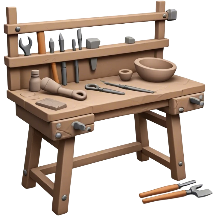 Cinematic Realistic image of a workbench set with a lump of pliable clay and artisanal sculpting tools, rendered with finely detailed textures that reveal subtle clay particles and well-worn tool surfaces, bathed in warm, focused studio lighting emoji