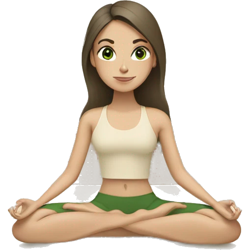 White brunette Girl with green eyes doing yoga in beige tones  emoji