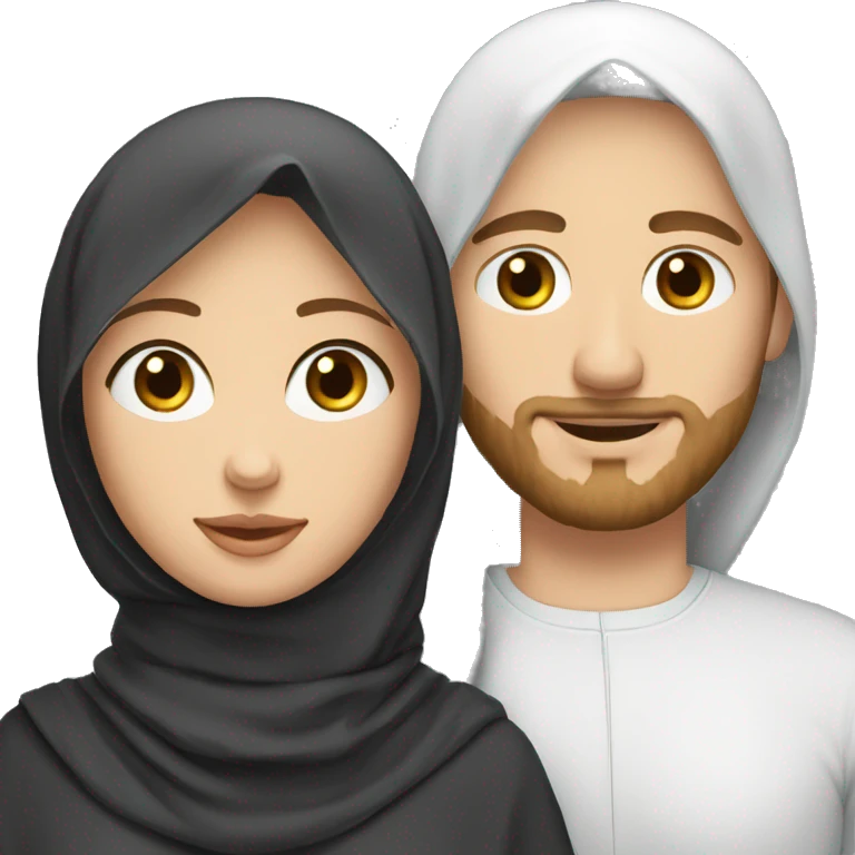 young white European guy with curly black hairs with her wife wear a hijab  emoji