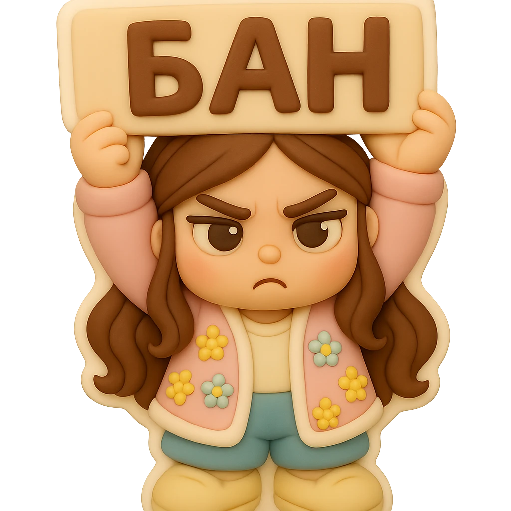 Create a 3D chibi fondant cake art style image of a girl based on the reference image. Preserve the facial features, eye shape, and hairstyle exactly as in the reference, with long brown hair styled in two space buns and brown eyes. She is wearing shoes matching the reference. The girl is holding a sign above her head with both hands, the sign says 'БАН' in bold letters. Her expression is judging and stern. Include a thick white outline like a sticker and ensure the background is transparent. emoji