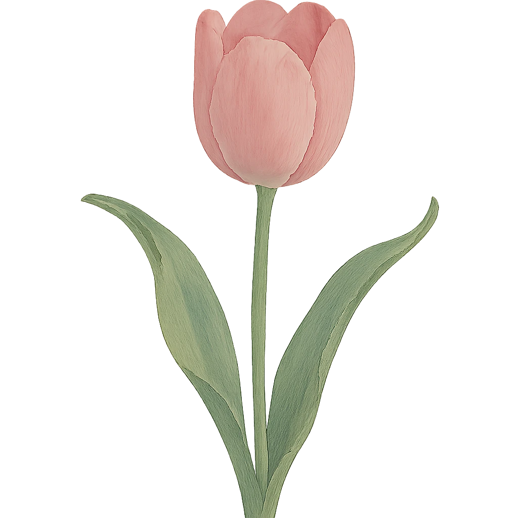 single soft pink tulip with watercolor petals, green stem, curved soft leaves, elegant hand-painted style in ghibli style emoji