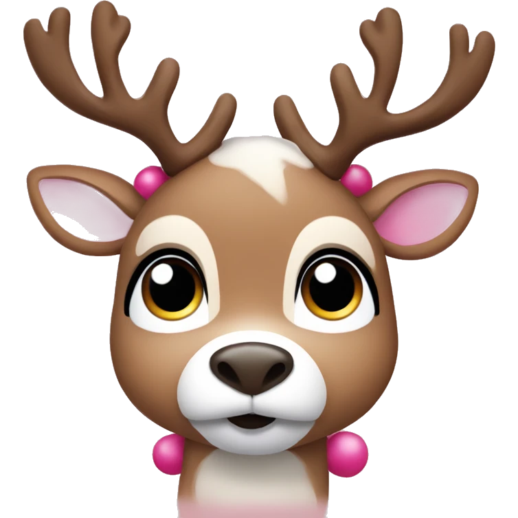 A cute  reindeer  with big brown eyes and long lashes with a pink Christmas Santa hat emoji