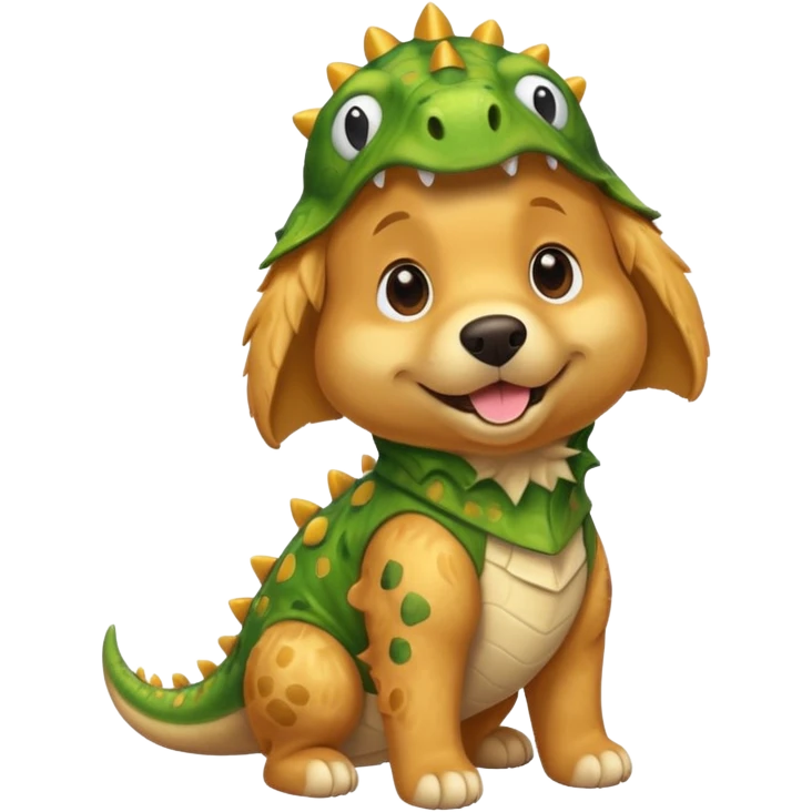 a golden retriever with a dinosaur costume emoji