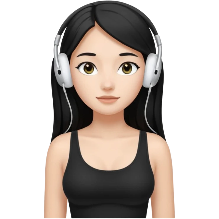 a fair girl with straight black long hair, wearing a black cami top. and wearing silver airpods max headphones on emoji