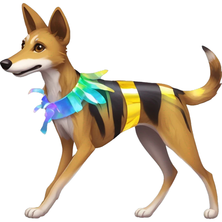  brindle brown black maroon striped lurcher Alsatian fox running blue eyes and iridescent holographic oilslick harness wearing paper iridescent tropical flower crown yellow caution tape emoji