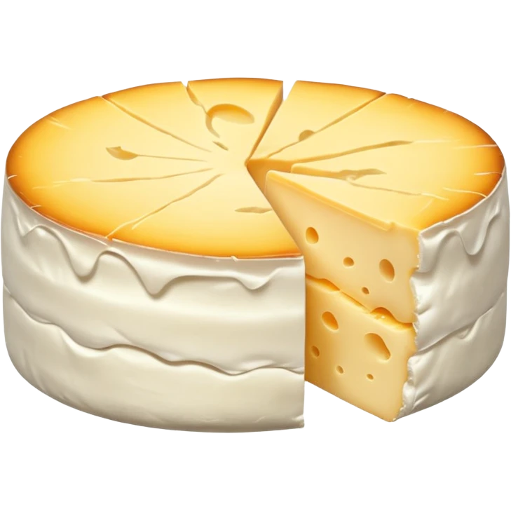round Coulommiers cheese with soft white bloomy rind with gentle wrinkles, pale yellow creamy inside, clean slice cut showing gooey texture near rind, soft lighting, subtle shadows, transparent background, emoji scale emoji
