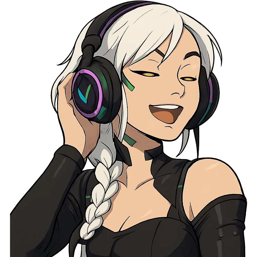 she is listening to music in headphones and JAMMIN!, a closeup portrait of young woman with gold yellow eyes, white hair, long braid, black off-shoulder top d-cup, punk gothic style, futuristic cyberwave cyberpunk,  emoji
