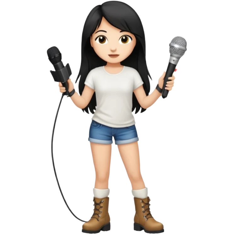Crie uma cantora morena charmosa de shortes top e bota com microfone branca e cabelo preto emoji