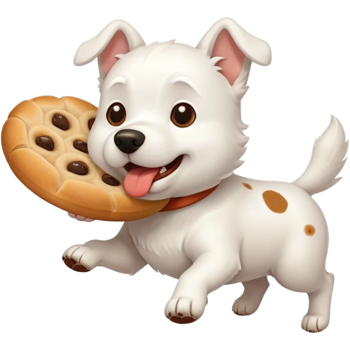 white dog running with a round bread in its mouth emoji