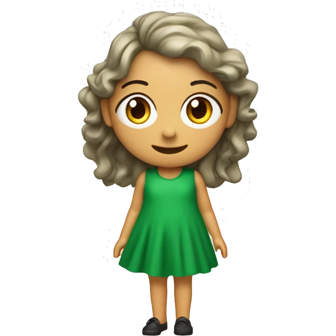 Crie uma ilustração 3D de um O personagem com vestido verde, cabelos pretos curtos e liso, pele clara, olhos levemente puxados. emoji