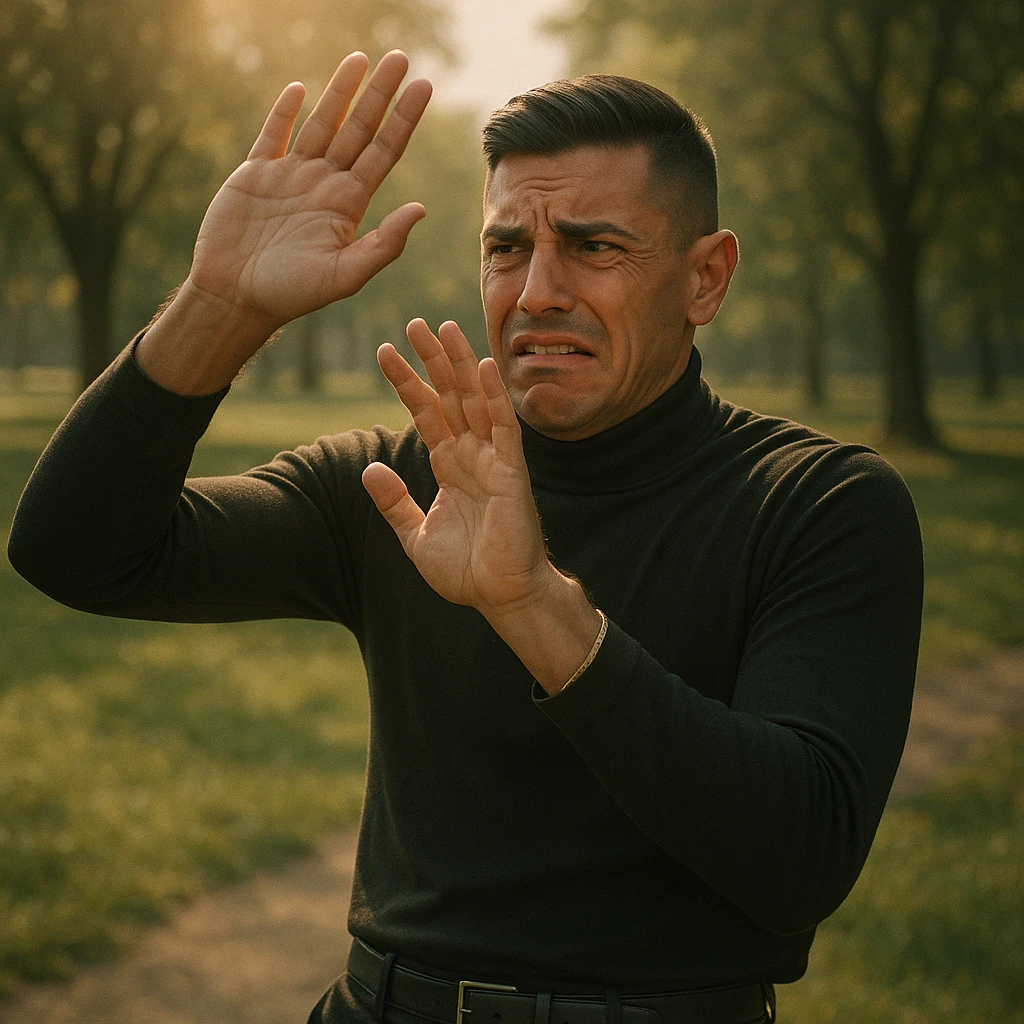 Create a symbolic 4k realistic scene outdoors in a sunny park, showing a man raising his hands to shield his face from the sun, with a fearful and uncomfortable expression. The sunlight is warm, but the man looks tense. Use muted colors and expressive body language, symbolizing misunderstanding about sunlight and health. Use the reference image for facial features and general appearance. emoji