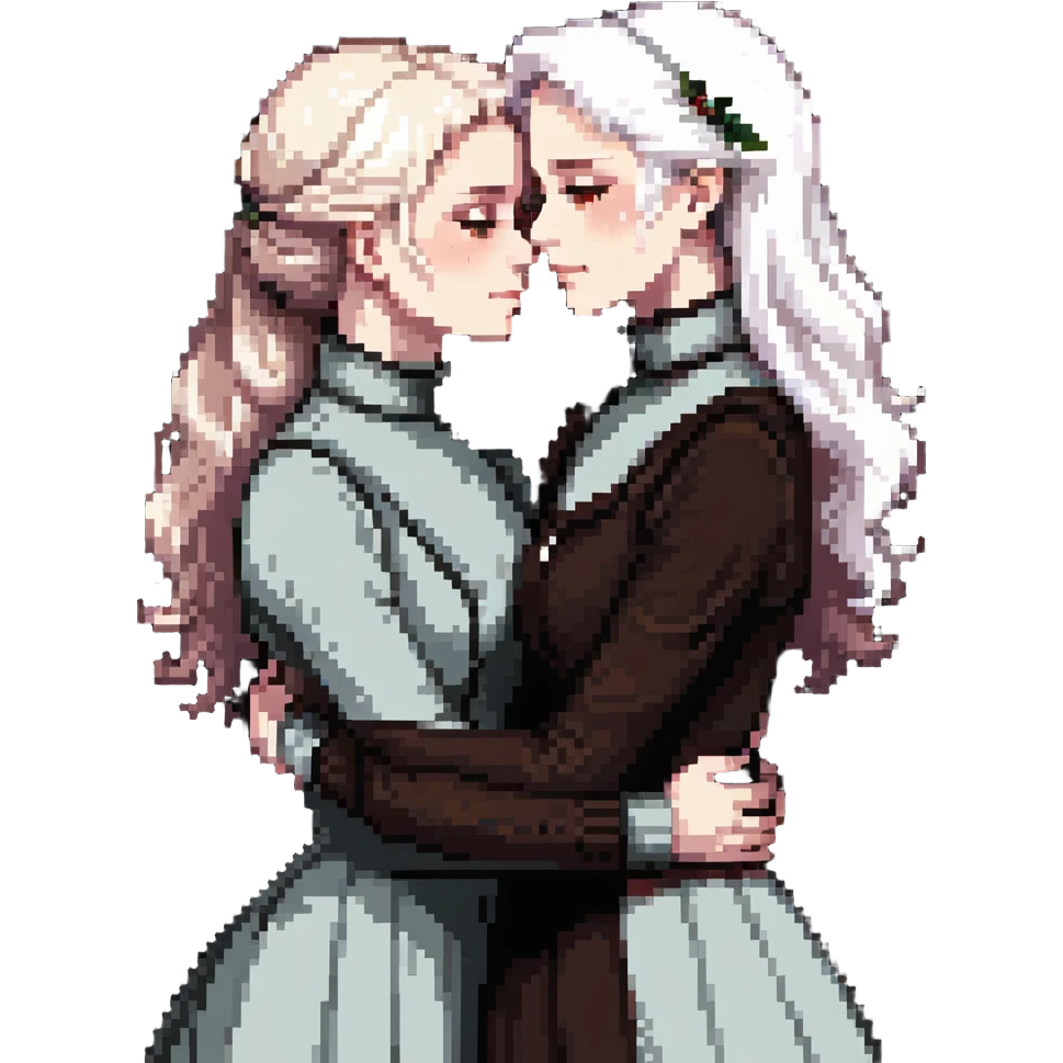 Two Victorian women with light eyes, one with bright pure white coiffed hair and one with dark copper coiffed hair, wearing Victorian turtleneck dresses, embracing tightly in an extremely sad, intimate hug emoji