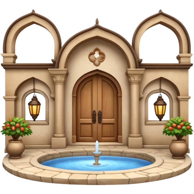 3D Apple-style emoji of a full traditional Turkish han. Rounded stone building with arched wooden doors and windows, small courtyard, fountain, arches, and hanging lanterns. Glossy, smooth, soft shadows, clean white background.






 emoji