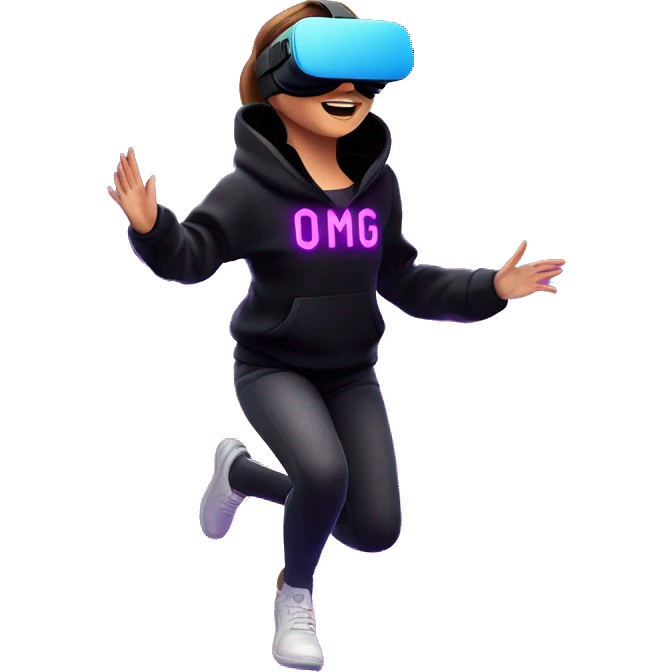 Russian girl wearing black hoody with violet letters "OMG", in vr headset oculus quest2. jumping. Cyberpunk style. Violet neon. emoji